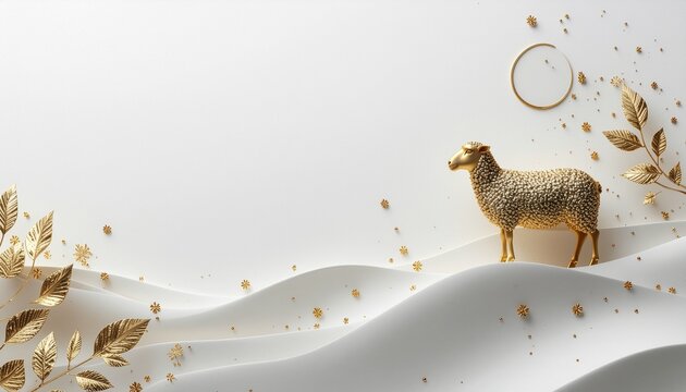 Elegant New Year composition with a golden sheep on white dunes and gold leaves
