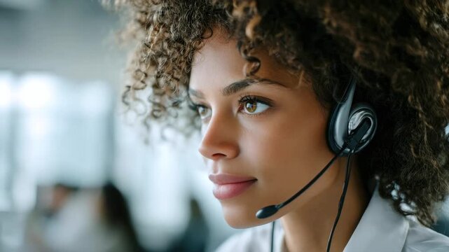 Focused young female operator wearing headset with microphone working in call center office. The concept of customer support, professionalism and quality service