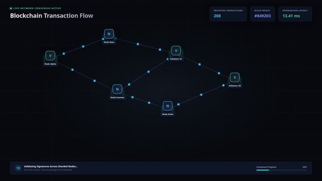 Blockchain transaction flow visualization for network nodes consensus validation process, for digital ledger technology, decentralized systems, data security, efficient distributed computing