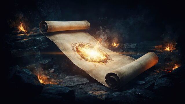 Ancient parchment scroll burning with bright magical light in a dark cave