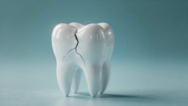 3 d render of a cracked white molar tooth on a blue background
