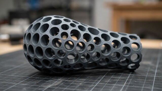 3 d printed grey with voronoi pattern and circular holes