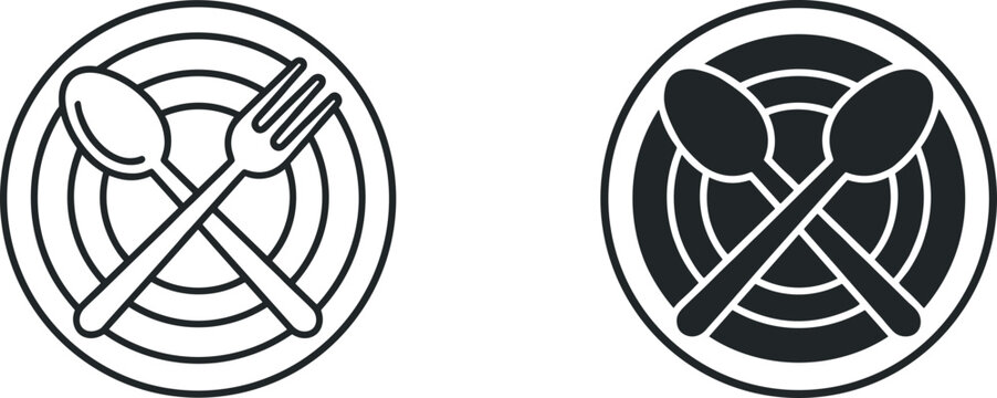Crossed Cutlery Fork Spoon and Plate Icon Set for Restaurant Food and Dining Vector