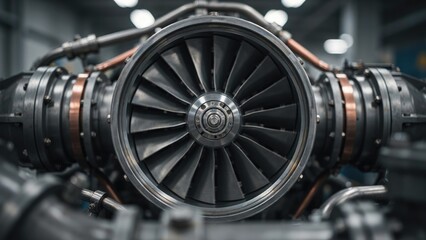 Fototapeta premium Close-up of a metallic jet engine turbine with copper piping and steel components