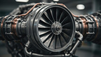 Fototapeta premium Close-up of a jet engine turbine with metallic blades and copper piping