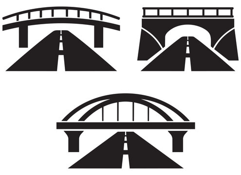 Modern road bridge silhouette icon set with arch, overpass and highway designs