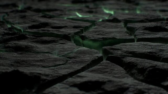 Dark cracked ground with glowing green light shown in digital style on shadowed background, concept of energy hidden below