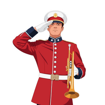 Male Army Band Trumpeter with Gold Trumpet Saluting