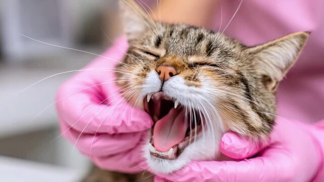 A gray tabby cat opens her mouth wide during a veterinary appointment. A person in pink gloves examines an animal. Concept of veterinary care and pet care