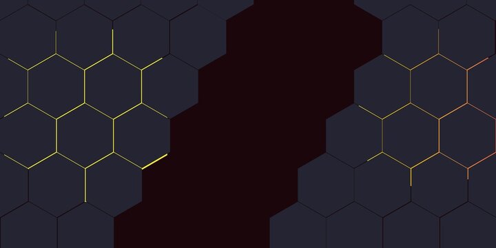 Dark gray and red horizontal hexagonal technology abstract vector background. Red bright energy flashes under the hexagon in a wide banner of futuristic modern technology. vector