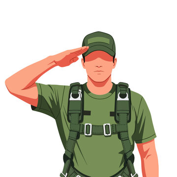 Male Army Parachute Rigger in Safety Harness Saluting