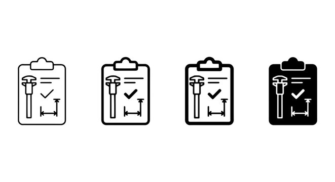 Engineering Blueprint Icons, Technical Drawing Symbols, Measurement Tools, Quality Control Checklist Vector Set