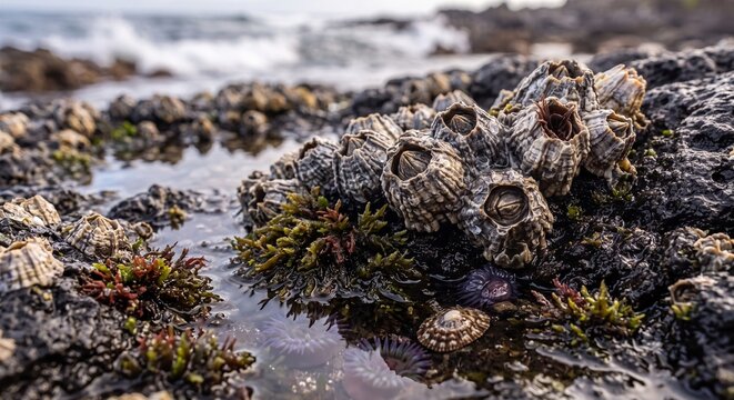 Macro View of Barnacle Colony with Sea Anemones in Coastal Tide Pool