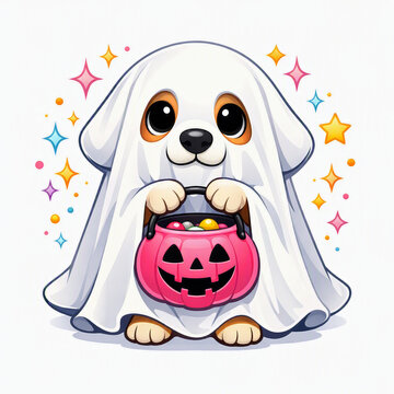 Cute cartoon dog dressed as a ghost for Halloween, covered with a white sheet and holding a pink pumpkin bucket filled with candies, surrounded by colorful sparkling stars, white background.