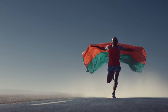 marathon runner holding national flag