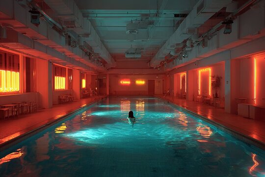 neon-lit indoor pool with solo swimmer