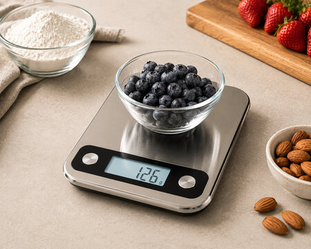 Modern Unbranded Digital Kitchen Scale with Fresh Ingredients on Countertop
