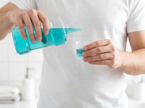Man pouring blue mouthwash from a bottle into a small plastic cup for oral hygiene and fresh breath in a bright bathroom setting, close-up shot.