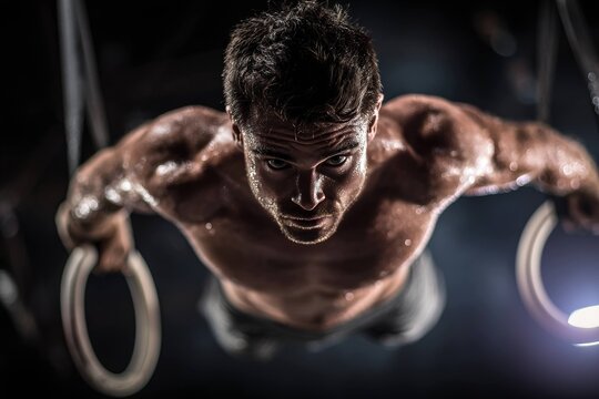 powerful male gymnast doing iron cross on rings