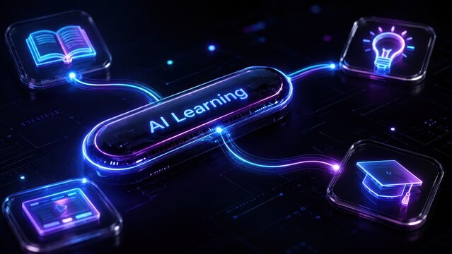 AI Learning Network: A conceptual representation of artificial intelligence learning, showcasing a central hub labeled AI Learning connected to various educational and intellectual icons.