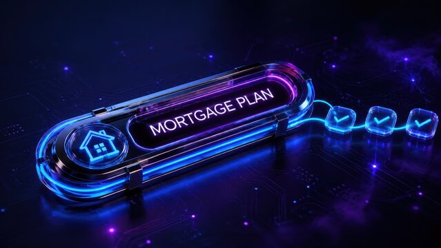 Digital Mortgage Plan Interface: A futuristic digital interface displays a mortgage plan, featuring a glowing house icon and a series of checkmarks, set against a dark.