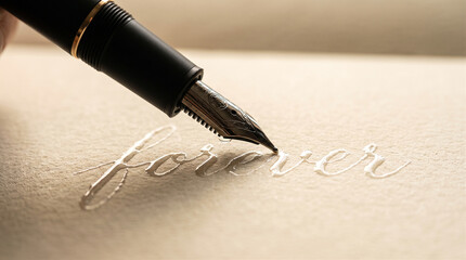 Fototapeta premium Fountain pen writing with water on paper, creative liquid calligraphy concept.