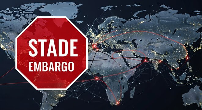Visual representation of a trade embargo sign superimposed on global commerce network connections