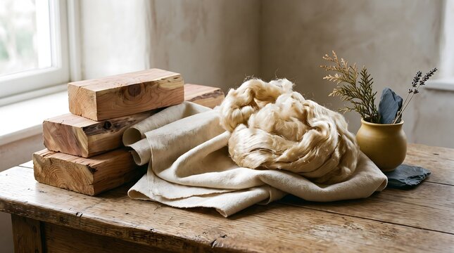 Rustic still life arrangement of natural textile conservation materials including unbleached linen, raw wool fibers, and cedar wood blocks.