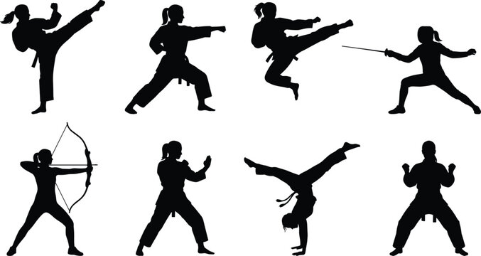 Female Martial Artist and Athlete Silhouette Set Featuring Karate Taekwondo Fencing Archery Capoeira and Combat Sports Poses