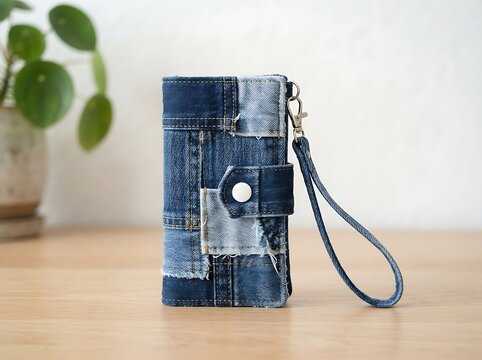 Patchwork denim fabric wallet with wrist strap on a wooden table surface.