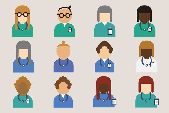 Set of medical professional avatars and healthcare worker icons with healthcare