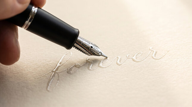 Fountain pen writing the word forever with water on textured paper surface.