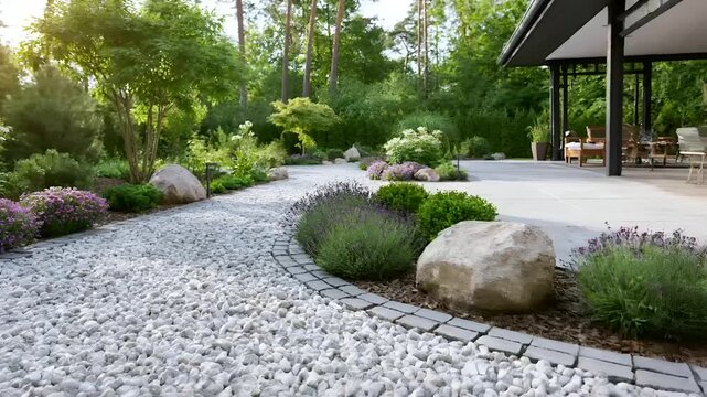 Summer hot vibe lifestyle. A detailed, sunlit photograph of a serene garden scene. A gravel path is the main subject, winding through the garden.