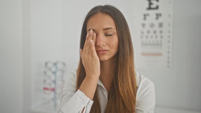 Woman covering eye with hand during vision test in clinic with eye chart and glasses rack, optician present; vision test concern.