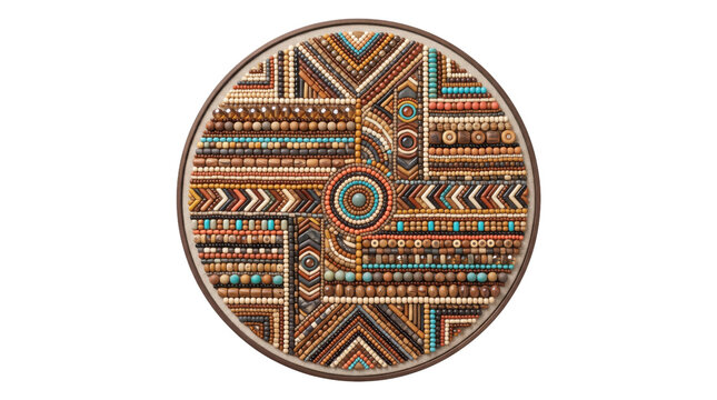 Tribal geometric mandala art, ethnic circular pattern with turquoise and brown beads, traditional indigenous textile design