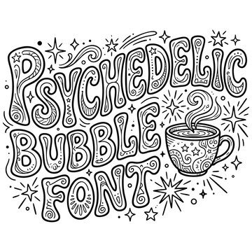 Psychedelic bubble font lettering typography design vector illustration with coffee cup psychedelic lettering typography illustration
