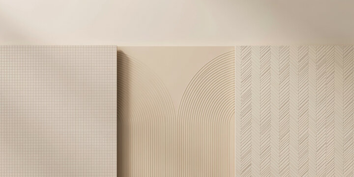 Three vertical panels with beige textured surfaces featuring grid, arch, and line patterns