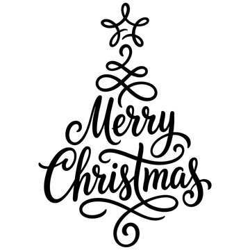 Merry christmas calligraphy lettering vector tree shape holiday graphic design element with christmas calligraphy lettering typography