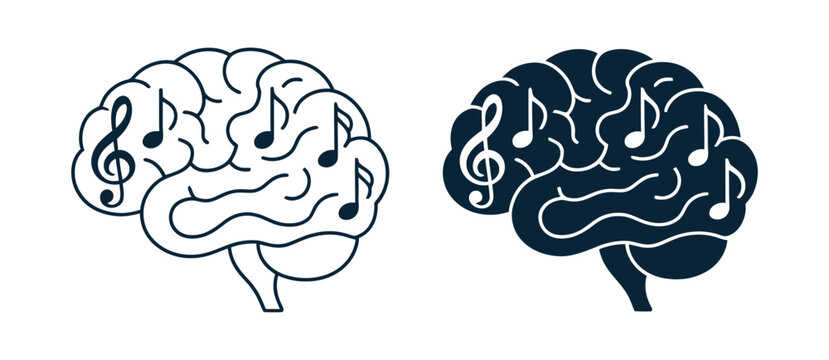 Music brain icon, neural network sound wave symbol representing cognitive audio processing, digital melody intelligence, creativity and music technology.