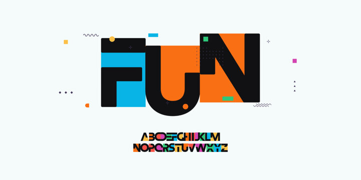 Fun font alphabet letters. Modern logo typography. Color creative art typographic design. Festive letter set for rainbow logo, headline, color cover title, joy monogram. Isolated vector typeset.