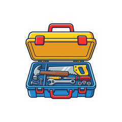 Fototapeta premium Open yellow and blue toolbox filled with various hand tools for repair and maintenance.