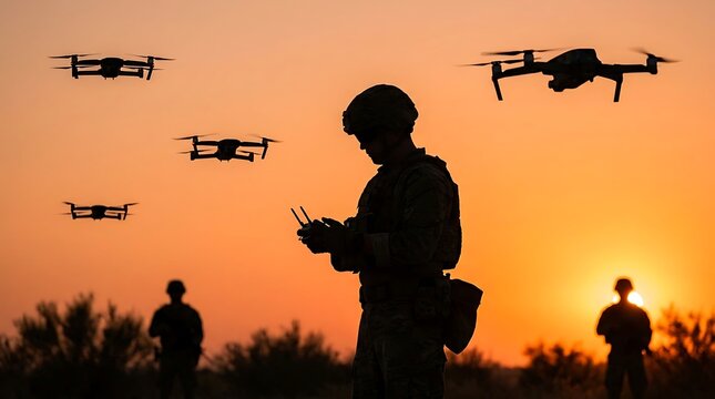 Military operator piloting autonomous drone fleet in golden hour sunset sky while conducting reconnaissance field maneuvers with tactical squad ground forces.