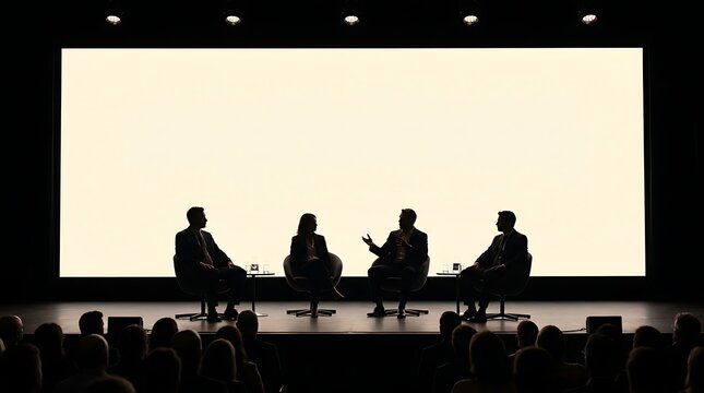 Panel of business people engaging in conversation on stage, silhouetted against a large illuminated screen, ideal for corporate presentations.