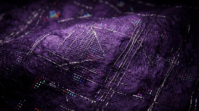 Macro close-up of textured purple fabric interwoven with metallic silver threads and glowing digital LED nodes