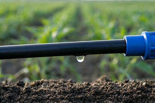Closeup of a drop of water dripping from a black drip irrigation pipe with blue connector onto soil in a green agricultural farm field