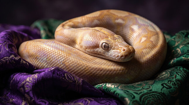 Beautiful coiled light-colored python snake resting gracefully on luxurious purple and green silk fabrics