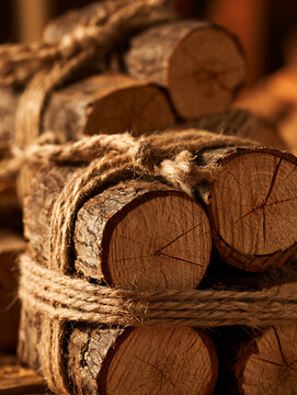 Close-up of Bundle the firewood with natural jute rope