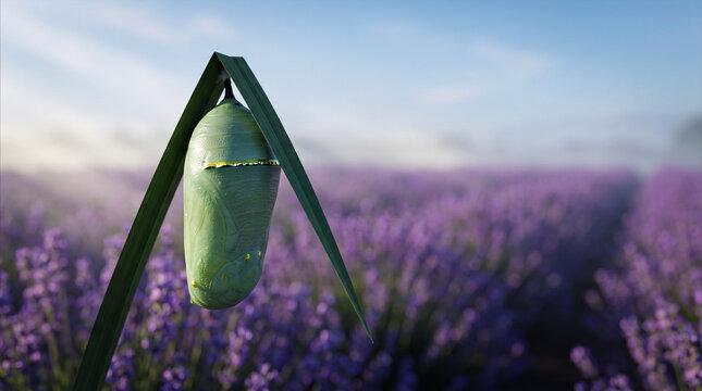Close-up of a green monarch butterfly chrysalis hanging from a leaf against a blurred beautiful lavender field at sunrise
