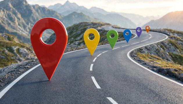 Colorful location markers on a winding mountain road representing travel planning and navigation.