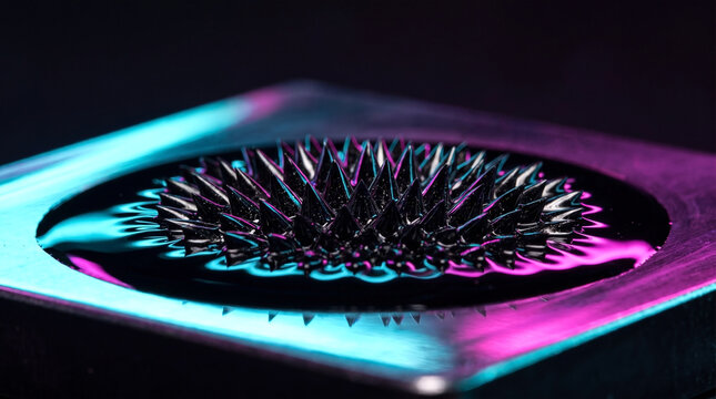 Macro shot of magnetic ferrofluid liquid forming sharp spikes illuminated by vibrant neon cyan and pink lights